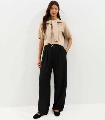 Black Belt Detail Pleated Crinkle Texture Wide Leg Trousers