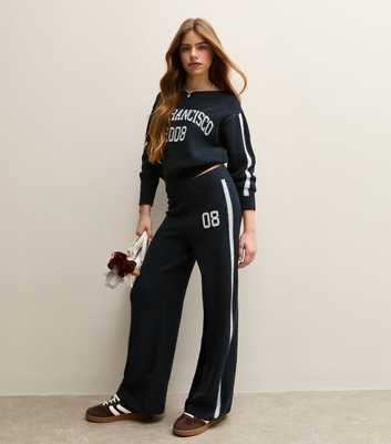 Girls Navy Knit Side Stripe Wide Leg Joggers
