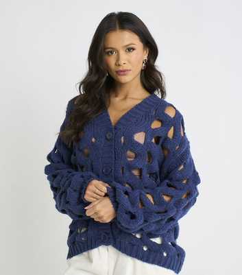 Gini London Navy Hollow Chunky Knit Cardigan