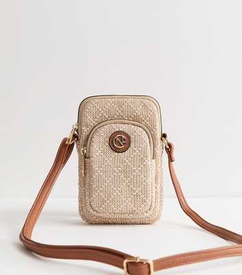 Cream Canvas Logo Plaque Crossbody Phone Bag