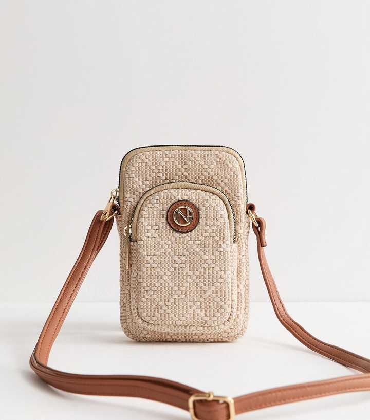 Cream Canvas Logo Plaque Crossbody Phone Bag