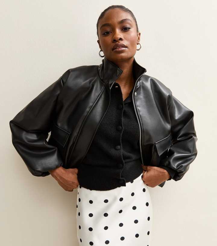 Black Faux Leather Funnel Neck Bomber Jacket