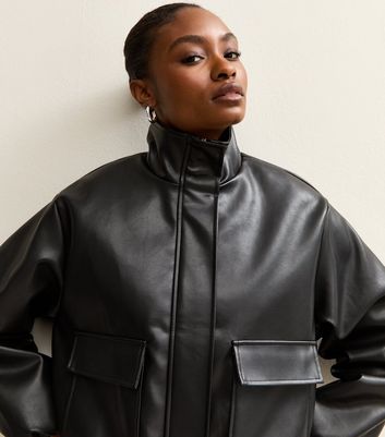 Black Faux Leather Funnel Neck Bomber Jacket | New Look