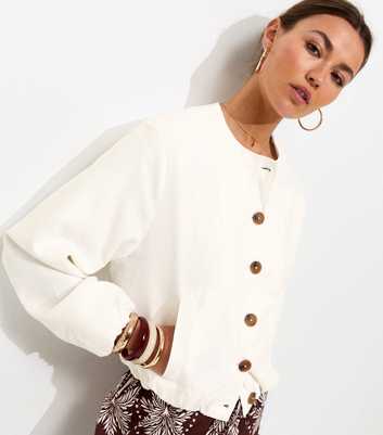 White Linen Blend Button Through Bomber Jacket
