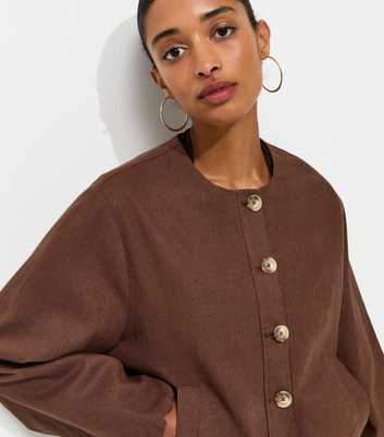Dark Brown Linen Blend Button Through Bomber Jacket