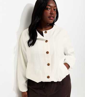 Curves White Linen Button Through Bomber Jacket
