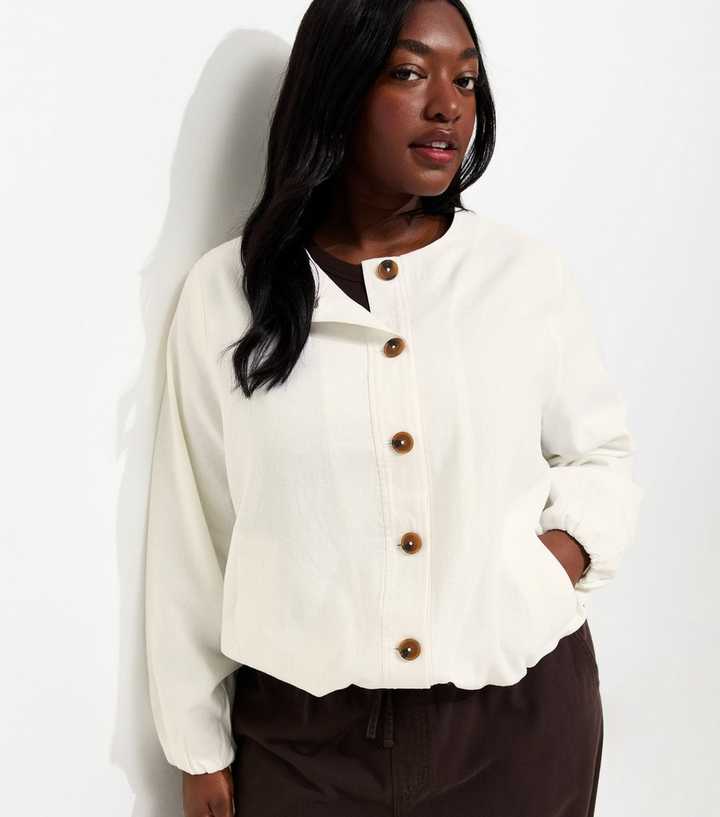 Curves White Linen Button Through Bomber Jacket