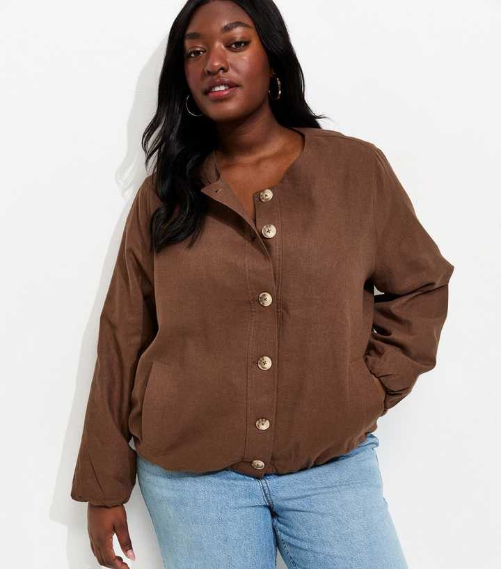 Curves Dark Brown Linen Button Through Bomber Jacket