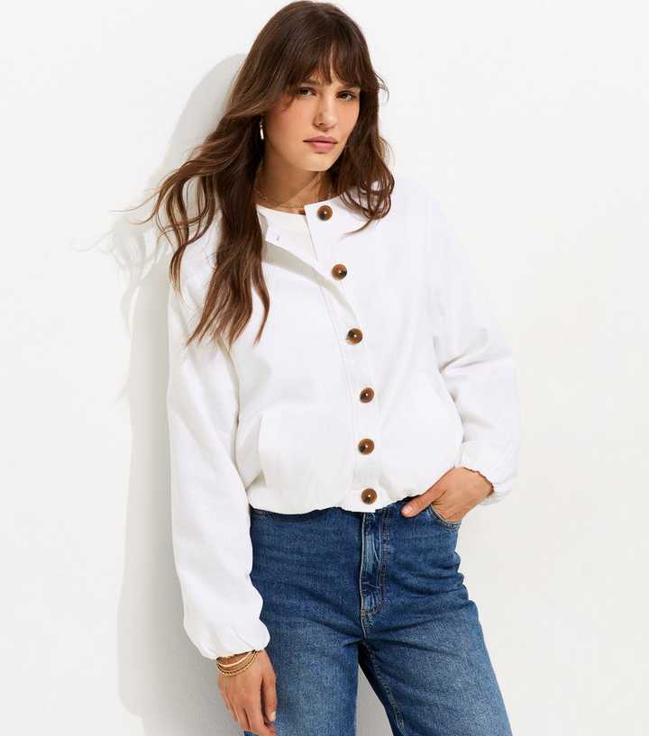 Tall White Linen Blend Button Through Bomber Jacket