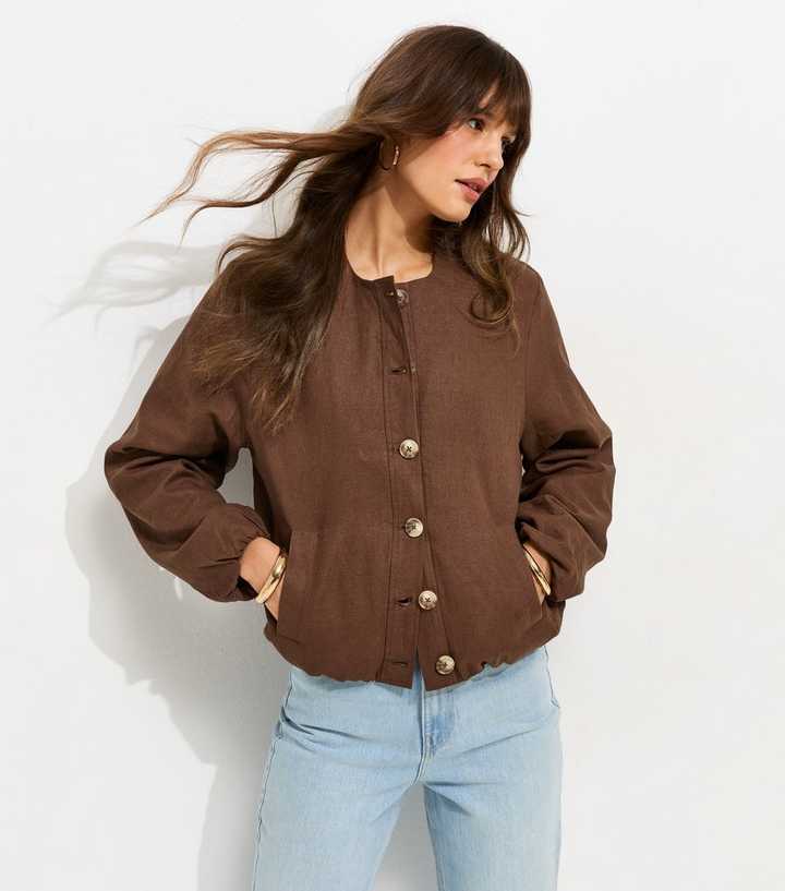 Tall Dark Brown Linen Blend Button Through Bomber Jacket