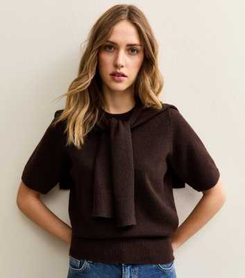 Dark Brown Scarf Tie Short Sleeve Knit Top