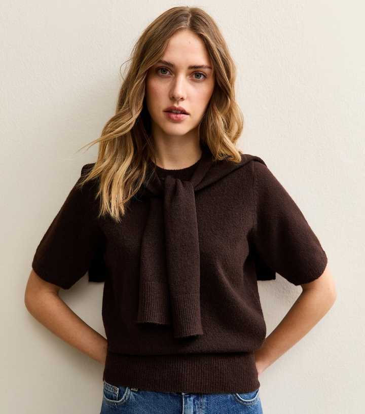 Dark Brown Scarf Tie Short Sleeve Knit Top
