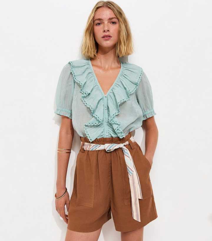Rust Linen Look Contrast Scarf Shorts