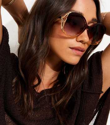 Light Brown Oversized Round Temple Detail Sunglasses