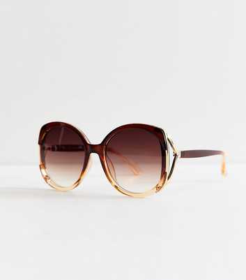 Light Brown Oversized Round Temple Detail Sunglasses