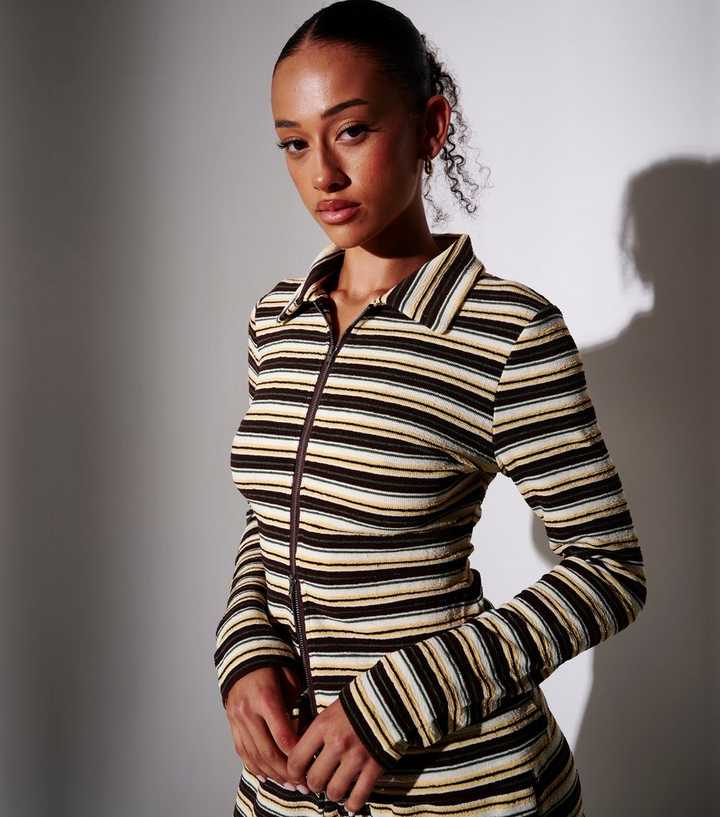 South Beach Black Towelling Stripe Zip Through Top