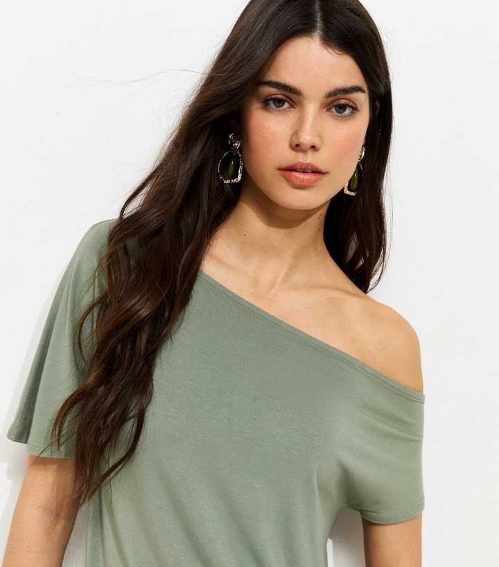 Khaki Jersey Off The Shoulder Top