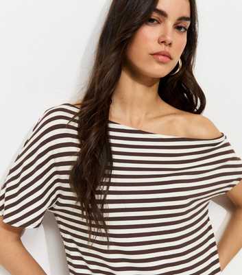 Brown Jersey Short Sleeve Stripe Off The Shoulder Top