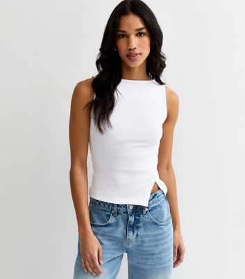 White Asymmetric Hem Button Side Vest Top