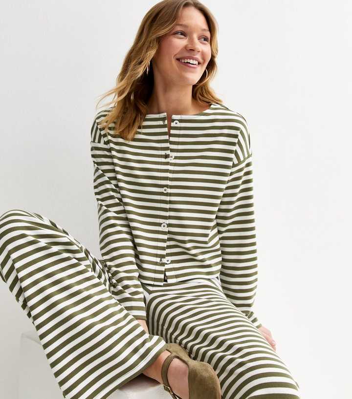 Green Relaxed Striped Button Through Cardigan