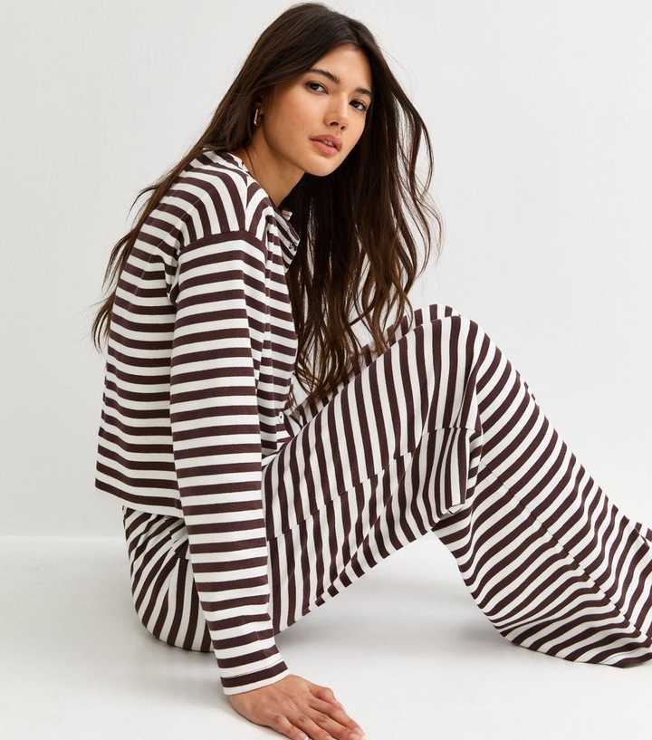 Brown Relaxed Striped Wide Leg Trousers