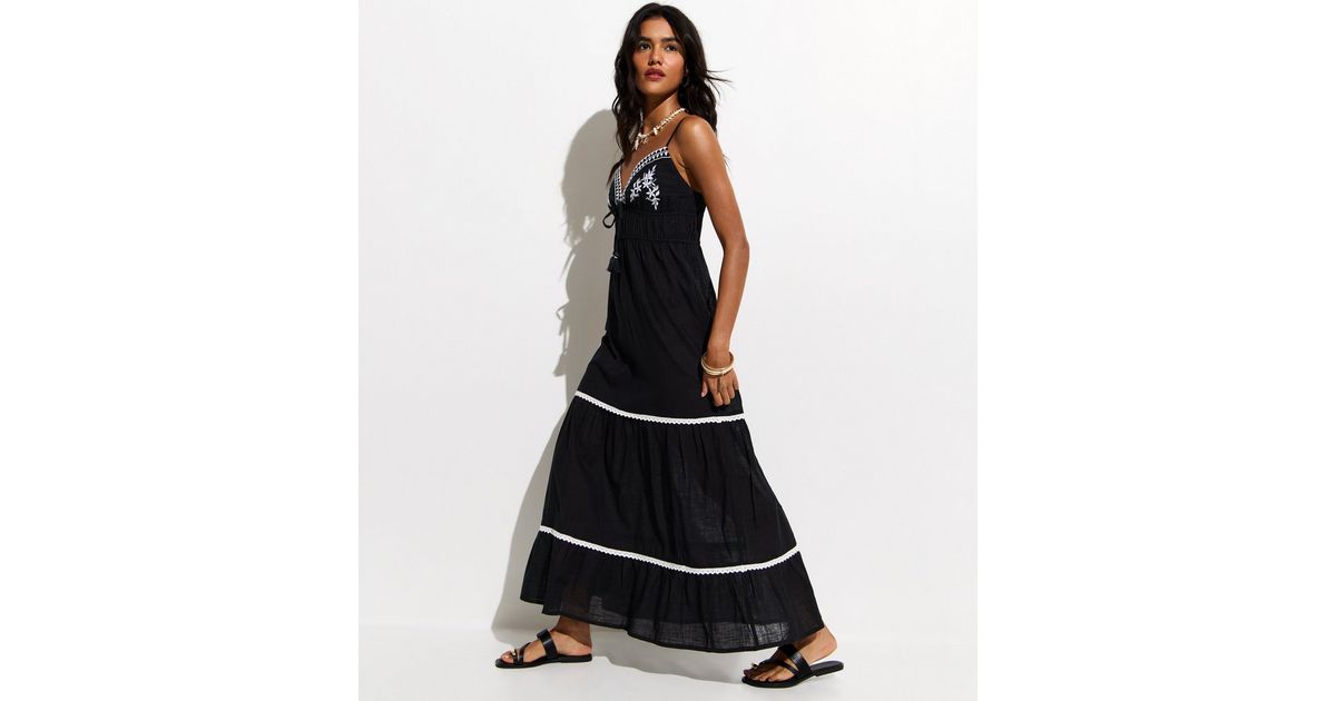 Black Embroidered Cotton Beach Maxi Dress
