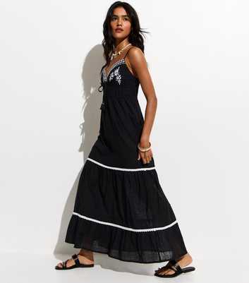 Black Embroidered Cotton Beach Maxi Dress