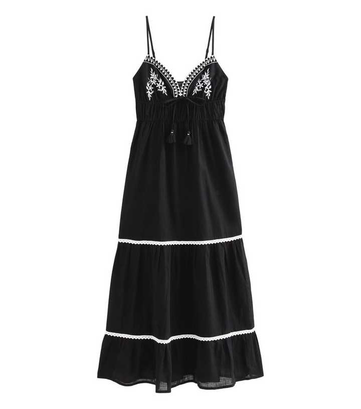 Black Embroidered Cotton Beach Maxi Dress