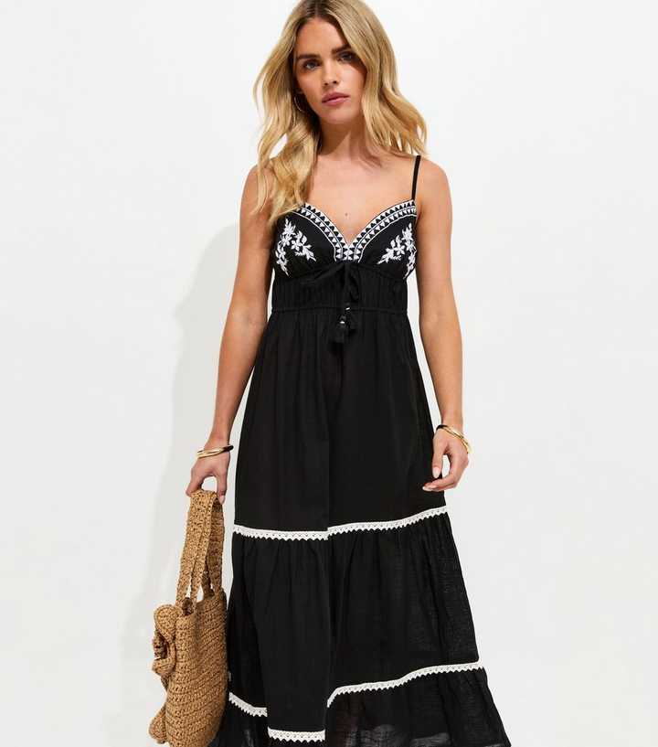 Petite Black Embroidered Cotton Beach Maxi Dress