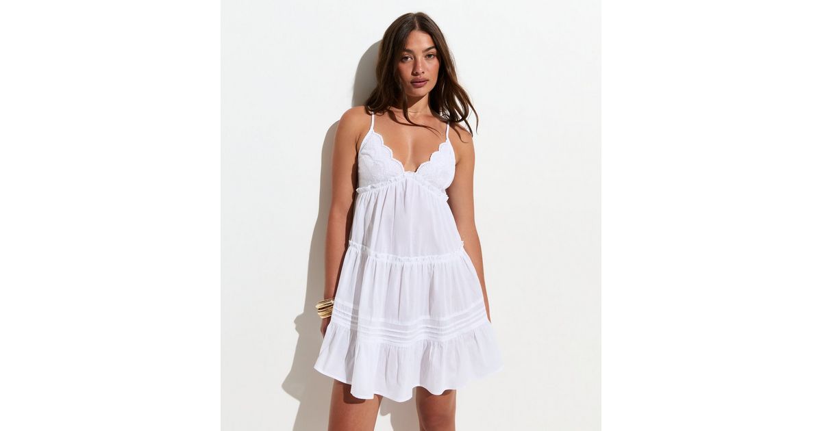 White Cotton Embroidered Cup Beach Mini Dress