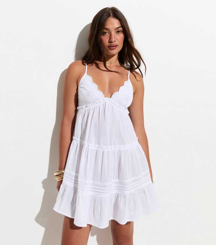 White Cotton Embroidered Cup Beach Mini Dress