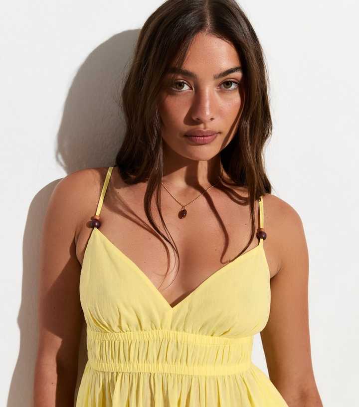 Light Yellow Cotton Tiered Beach Mini Dress | New Look