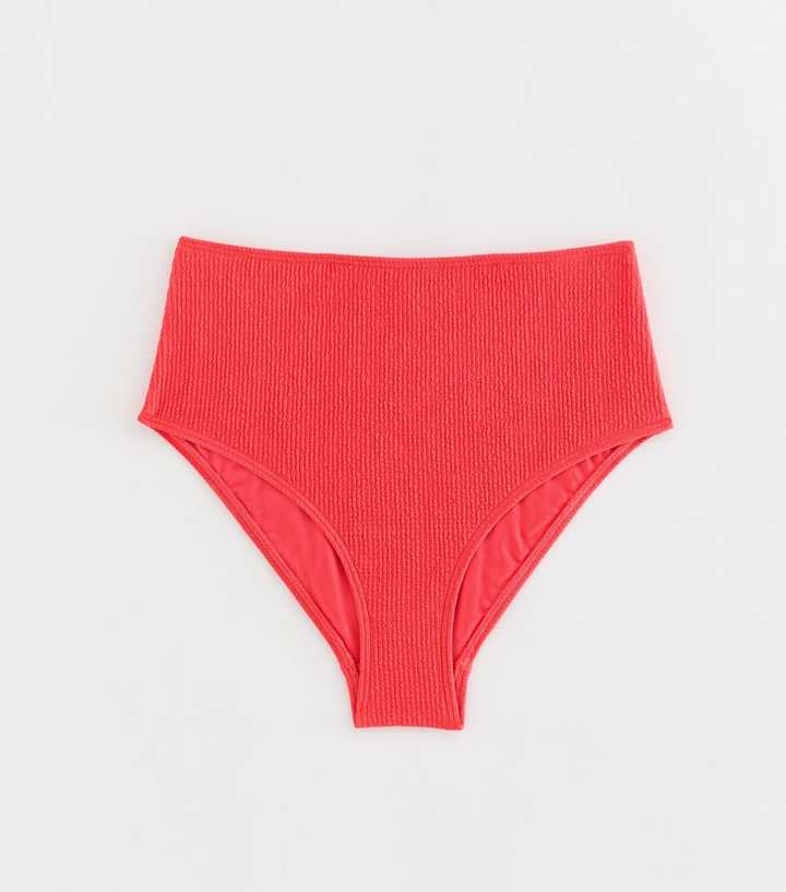 Coral Crinkled High Waist Bikini Bottoms