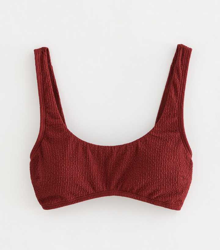 Rust Crinkled Scoop Neck Cropped Bikini Top