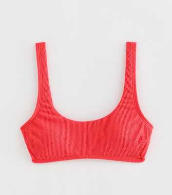 Coral Crinkled Scoop Neck Cropped Bikini Top