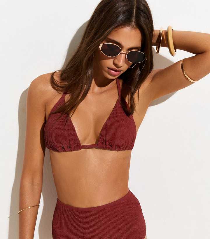 Dark Red Crinkle Triangle Bikini Top