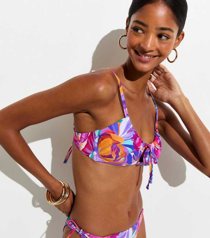 Purple Tropical Leaf Print Tie Crop Bikini Top