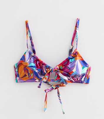 Purple Tropical Leaf Print Tie Crop Bikini Top