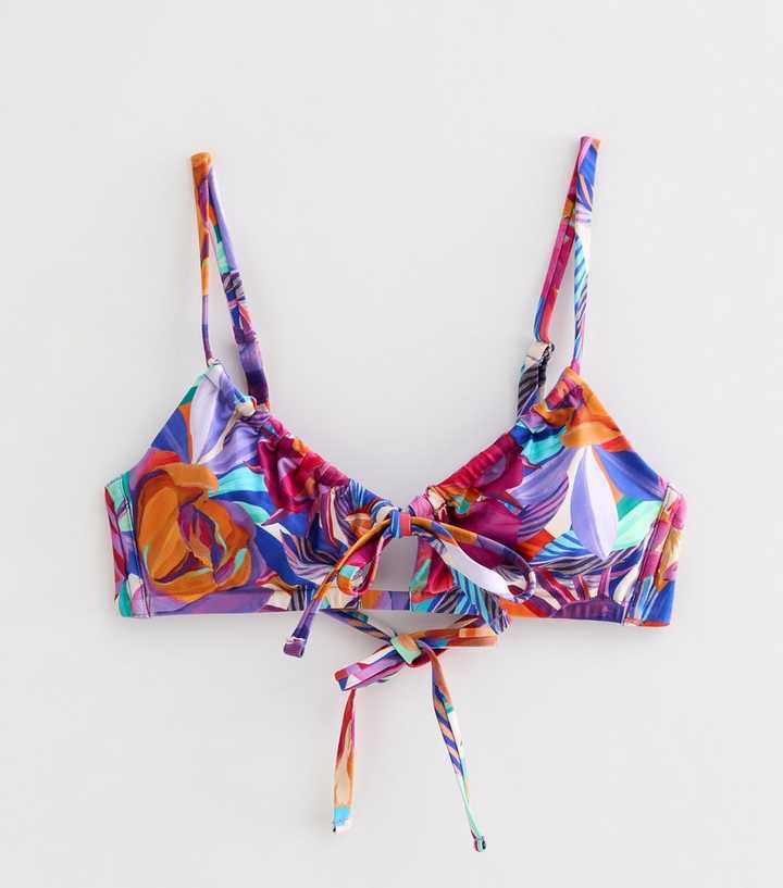 Purple Tropical Leaf Print Tie Crop Bikini Top