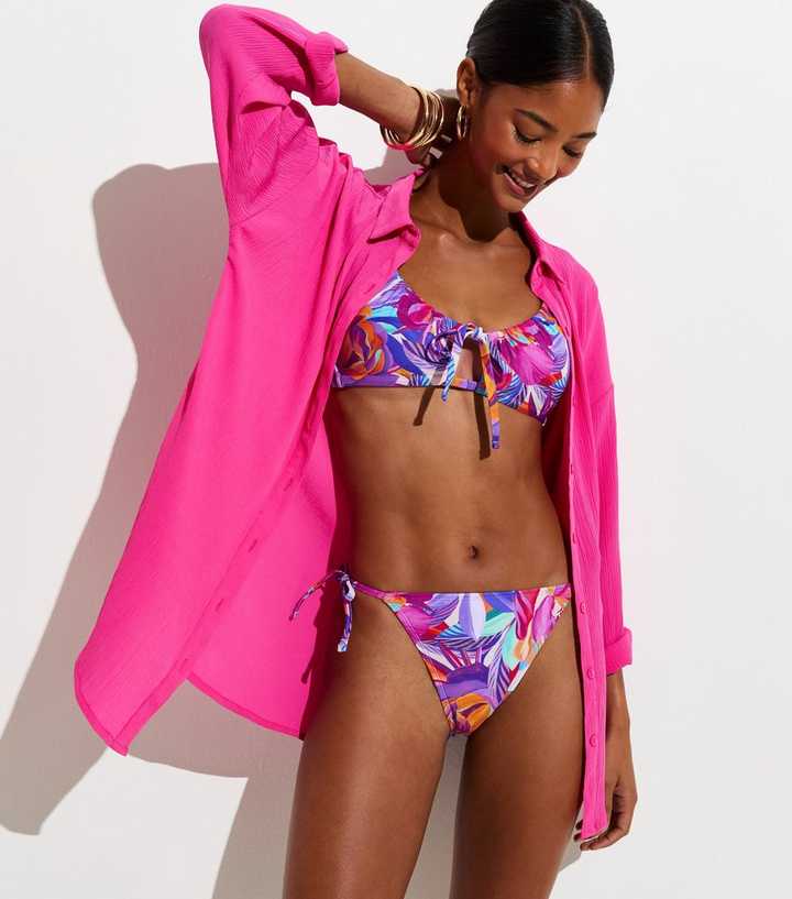 Purple Tropical Leaf Tie Side Bikini Bottoms