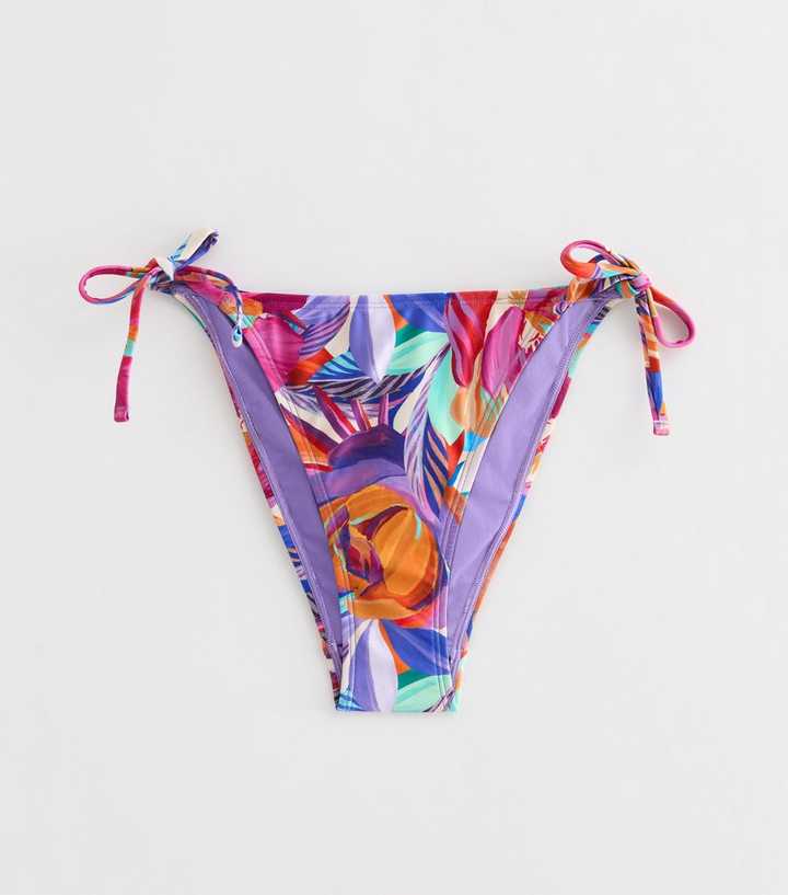 Purple Tropical Leaf Tie Side Bikini Bottoms