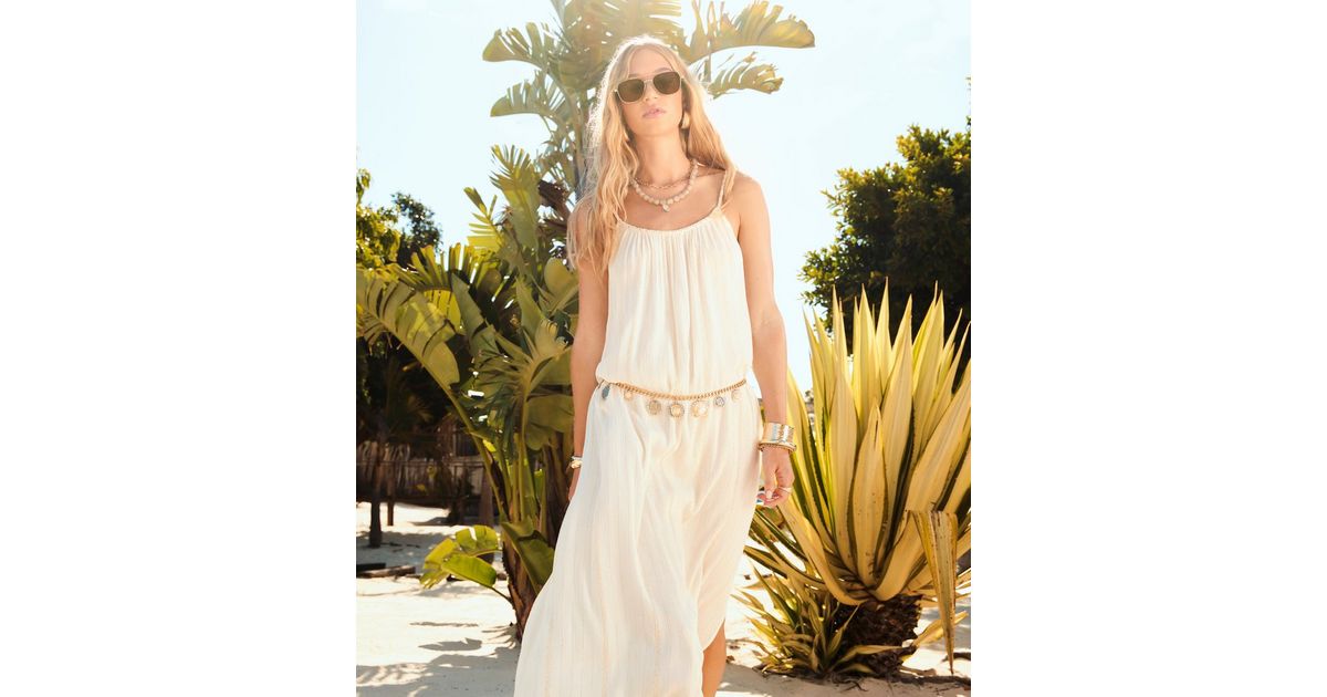 Cream Metallic Braided Trim Beach Maxi Dress
