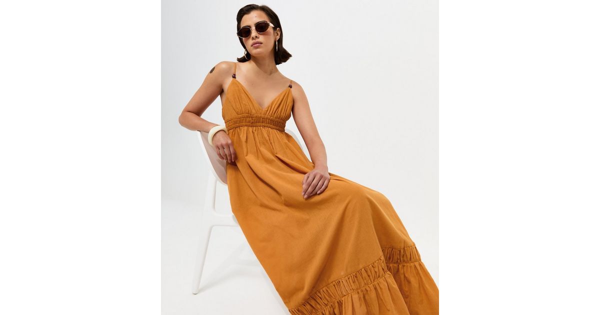 Dark Yellow Cotton Tiered Beach Maxi Dress