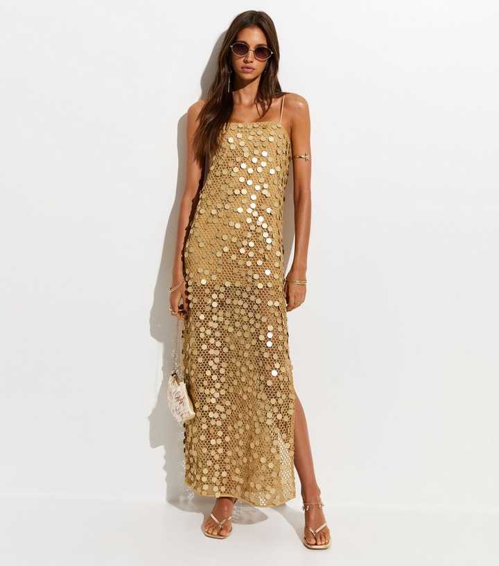 Gold Sequin Mesh Maxi Beach Dress
