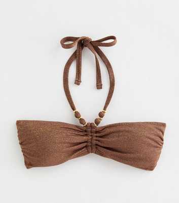 Brown Glitter Beaded Halter Strap Bandeau Bikini Top