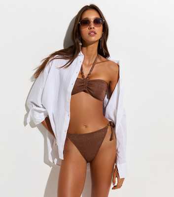 Brown Glitter Beaded Tie Side Bikini Bottoms
