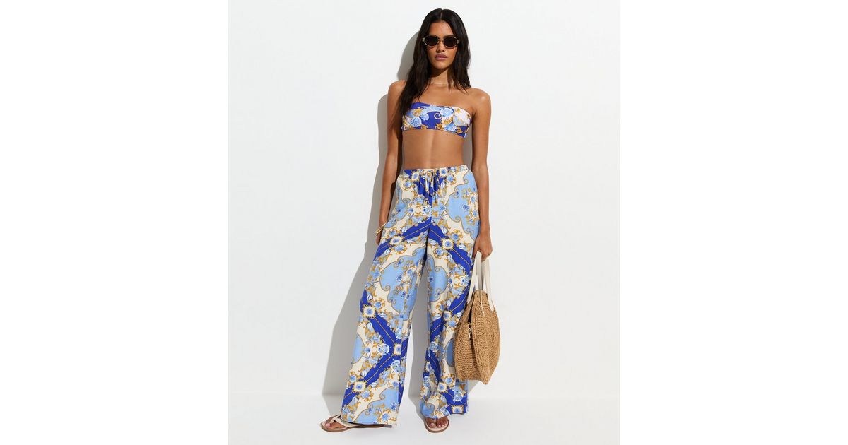 Blue Treasure Print Beach Wide Leg Trousers