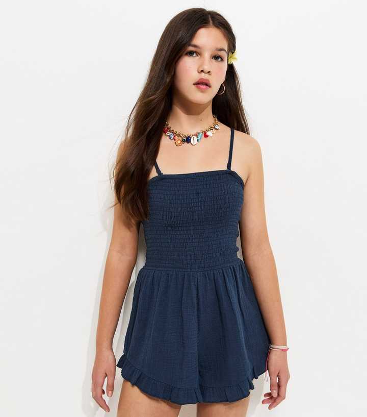 Girls Navy Cotton Shirred Playsuit