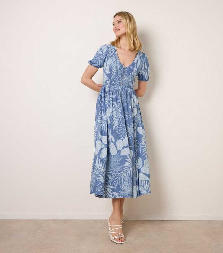 Blue Vanilla Blue Tropical Shirred Midi Dress