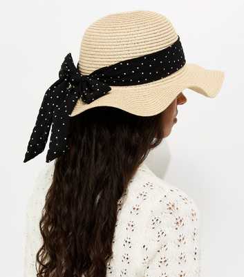 Stone Wavy Brim Straw Hat with Polka Dot Bow